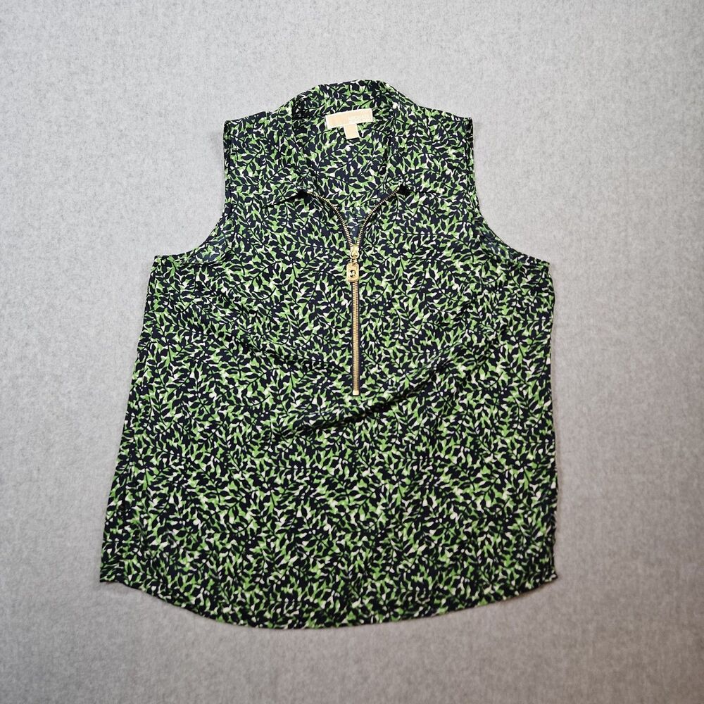 Michael Kors Women's Sleeveless Zip Blouse  Size L Green Navy Leaf Print